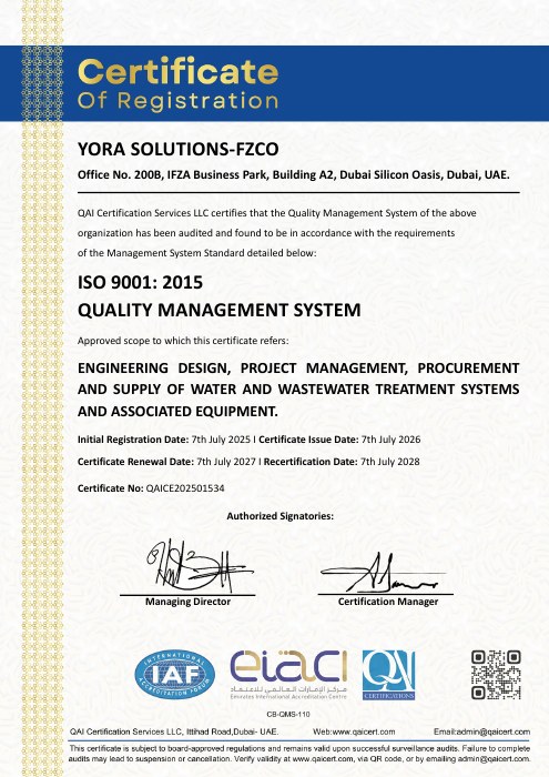 YORA Solutions ISO 9001:2015 quality management system certificate issued by QAI Certification Services